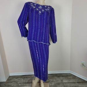 Vintage 2 piece beaded skirt and top set purple